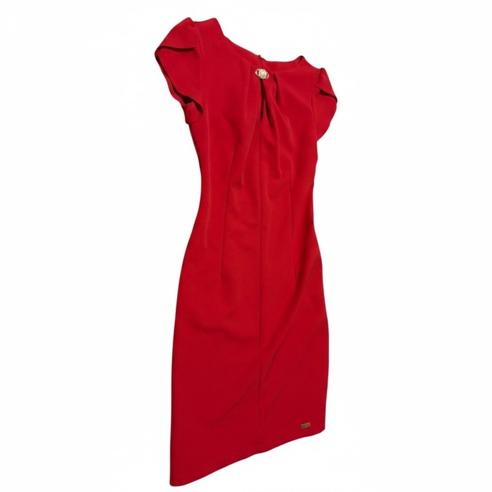 Phardi Red Sheath Dress with Pearl-Embellished Button Detail, Size 35